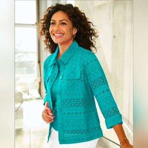 Draper's and Damon's Forever Eyelet Jacket Blue Lake Buttons 3/4 Sleeve Small